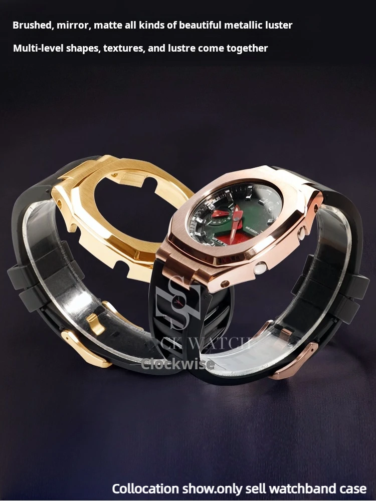 طقم عصري لساعة كاسيو G-SHOCK GA-2100 2110 B2100 حافظة من الفولاذ المقاوم للصدأ معدلة FKM حزام مطاطي فلوري أجزاء سوار معدني للرجال