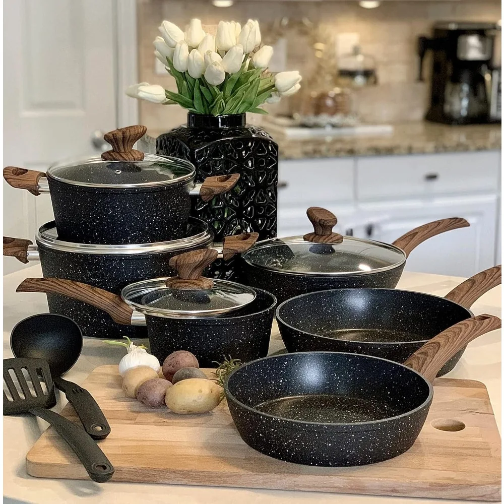 

Cookware Sets - 12 Piece Cooking Pan Set, Granite Black Nonstick Pots and Pans Set， cooking pots set pots and pans set