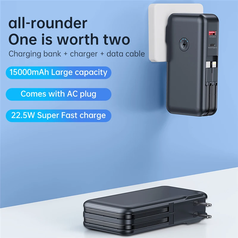 15000mAh Power Bank Wall Charger Type C Powerbank for iPhone 15 Xiaomi Samsung Fast Charge Poverbank with AC Plug Spare Battery