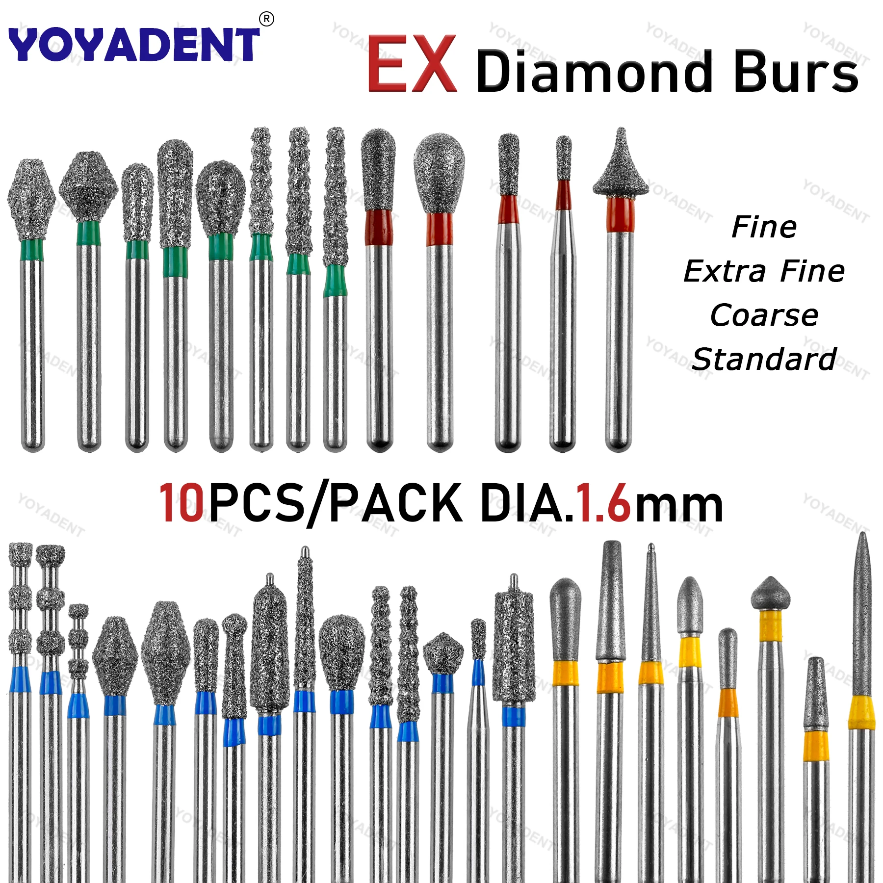 Dental Diamond Burs EX Type Carbide Drill For High Speed Turbines Extra Fine/Fine/Standard/Coarse FG Dia.1.6mm 10Pcs/Pack