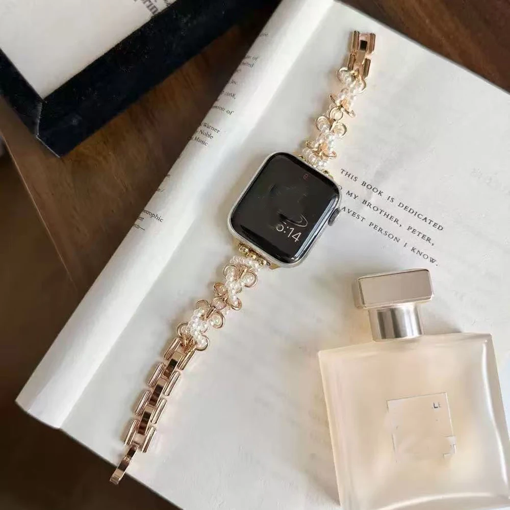 Correa de acero inoxidable para mujer para Apple Watch Ultra 2/1 49mm 10 9 8 7 42mm 46 44 45mm correa de perlas para IWatch 6 5 4 SE 38 40 41mm