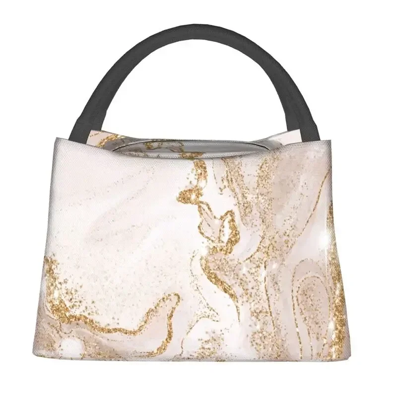 Marble Geometric Pattern Insulated Lunch Bags for Work Office Gold And Cream  Waterproof Thermal Cooler  Box Women image 2