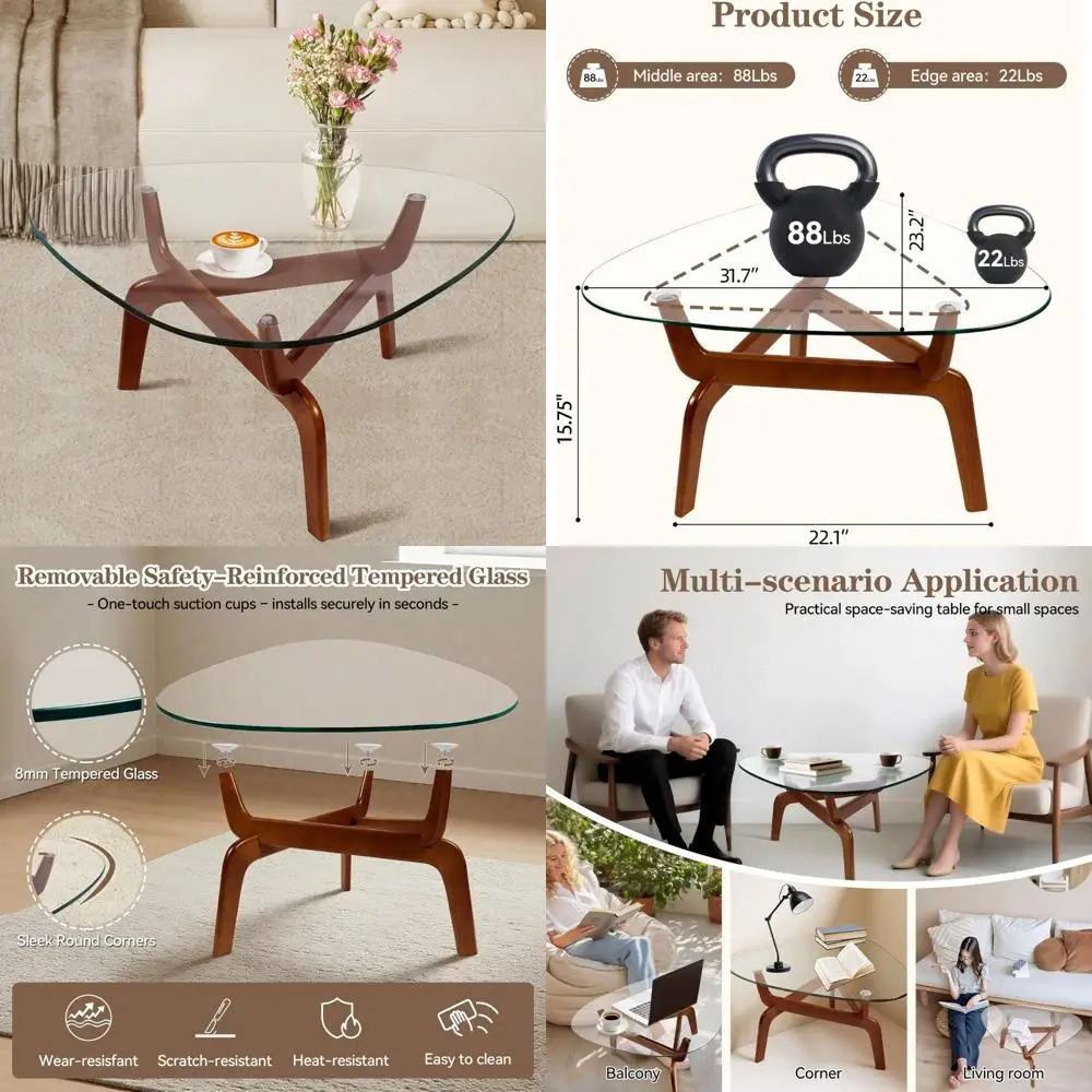 Contemporary Tempered Glass Coffee Table with Rubber Wood Triangle Base for Living Spaces