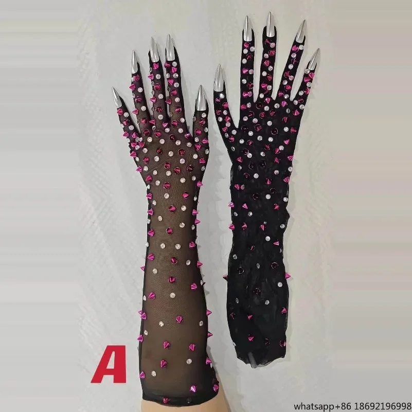Long Nail Hot Diamond Gloves Big Diamond Flower Pearl Long Tube Stage Dress Diamond Gloves Photo Cool Wrist Gloves