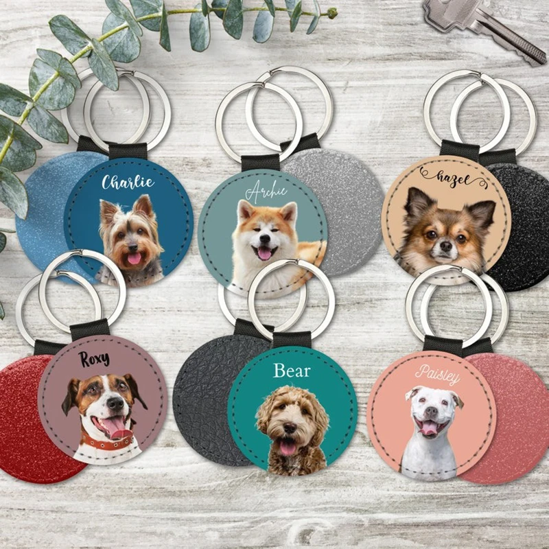 Custom Pet Photo Keychain Personalized Dog Cat Portrait Name Leather Picture Keyring Charm Anniversary Memorial Loss Gift Him He