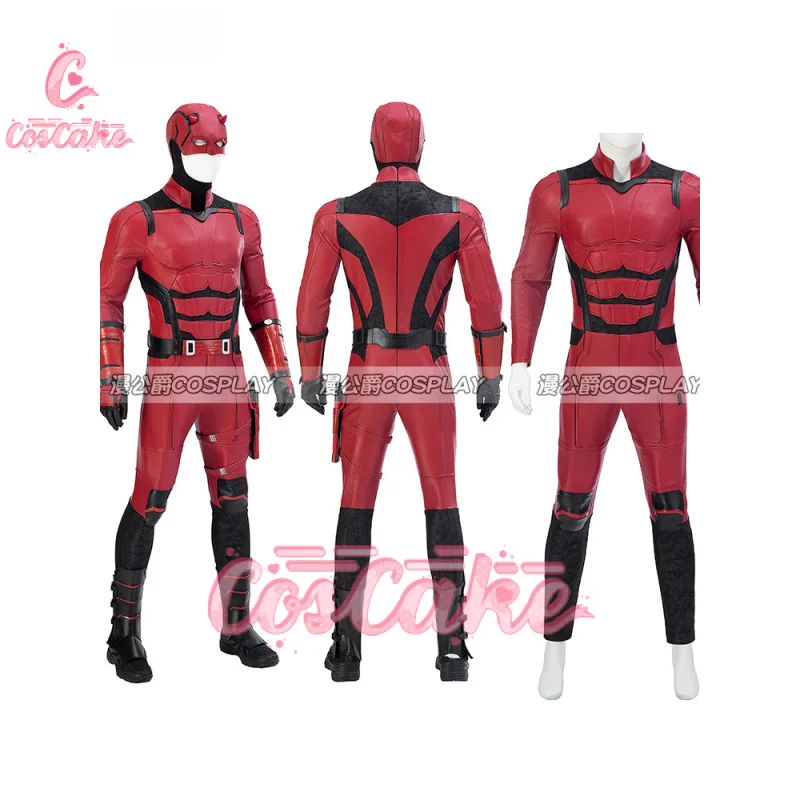 Daredevil Cosplay Costume Matt Murdock Red Leather Battle Suit Jumpsuit Belt Gloves Fullset Outfit Halloween Carnival Party Suit