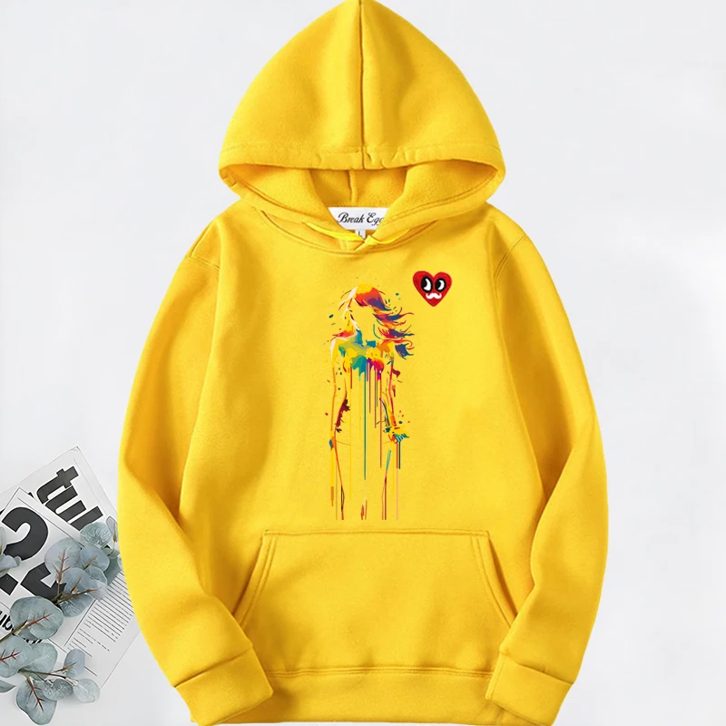 

Artistic Painting Beaut Oil Paint Print Women Hoodie Polyester Red Eyes Beard Heart Embroidery Pullover Pockets Thin Loose Hoody