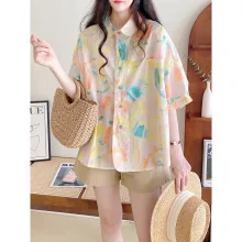 

GELITAYIN Women's Fashion Casual Loose Short Sleeve Shirt New Summer Retro Hong Kong Style T-shirt Hip Hop Alphabet Print Shirt