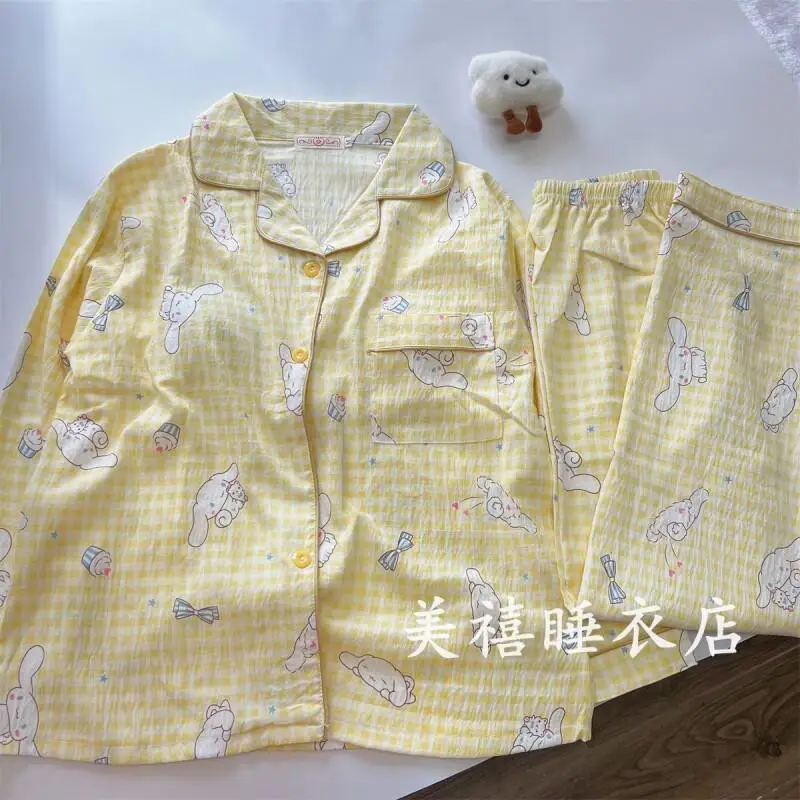 

Комплект пижамы Sanrio Cinnamoroll с длинными рукавами, желтая клетка, мягкий, с мультяшным принтом, для женщин, студенток, для дома, в стиле Instagram, кардиган, для улицы