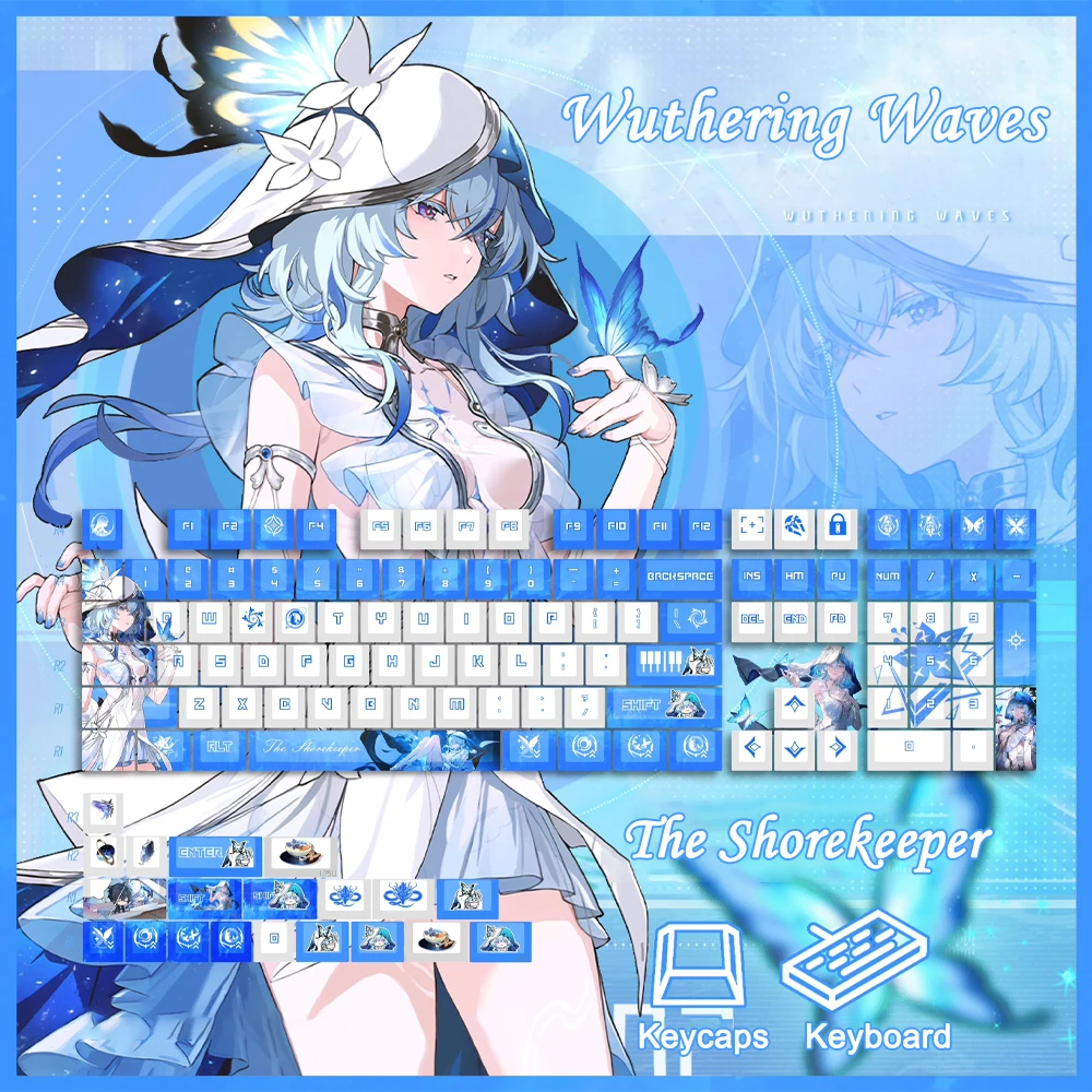 Wuther gelombang Shorekeeper Keycap PBT pewarna sublimasi Cherry Keycaps kartun Anime Game Camellya kunci untuk ANSI 104 108