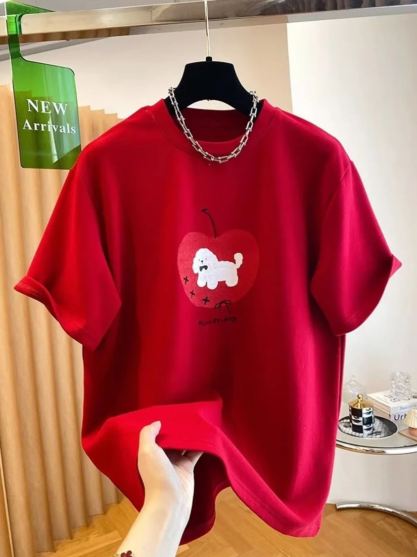 

plus Size Women's Red Short Sleeve T-Shirt Dervo Loose Fit Spring Autumn Winter Casual Wear round Neck Print Top Half Sleeve