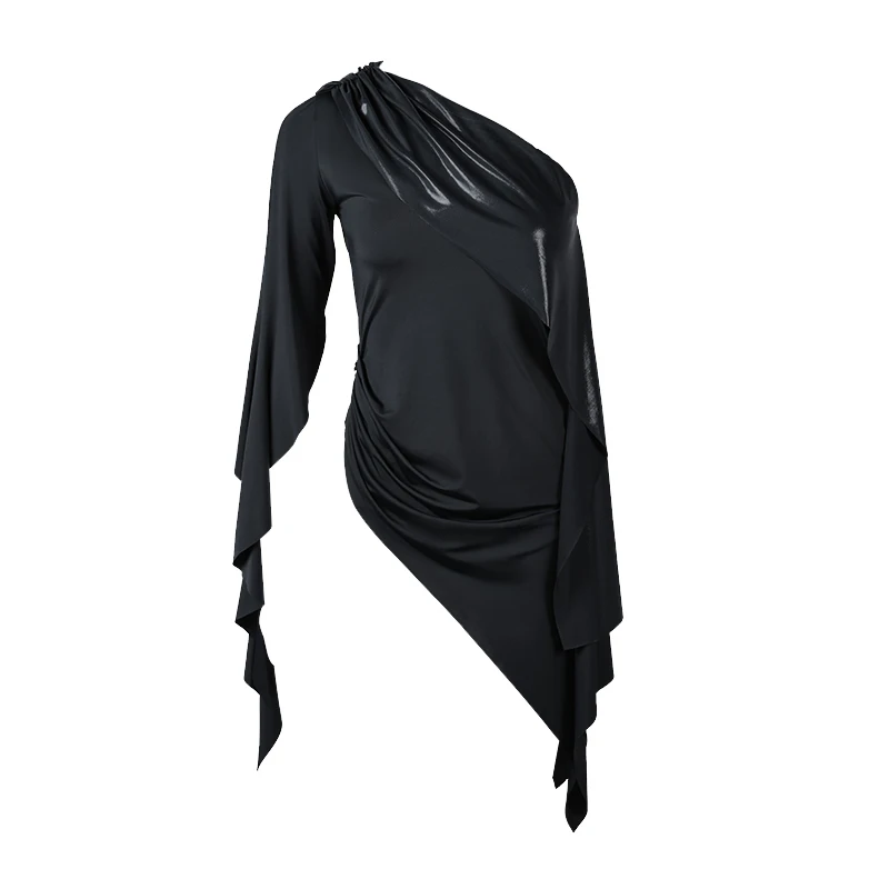 Irregular Latin Dance Tops Women Rumba Ballroom Dance Clothes Black Beveled Tops Adult Latin Dance Performance Clothing  BL16925