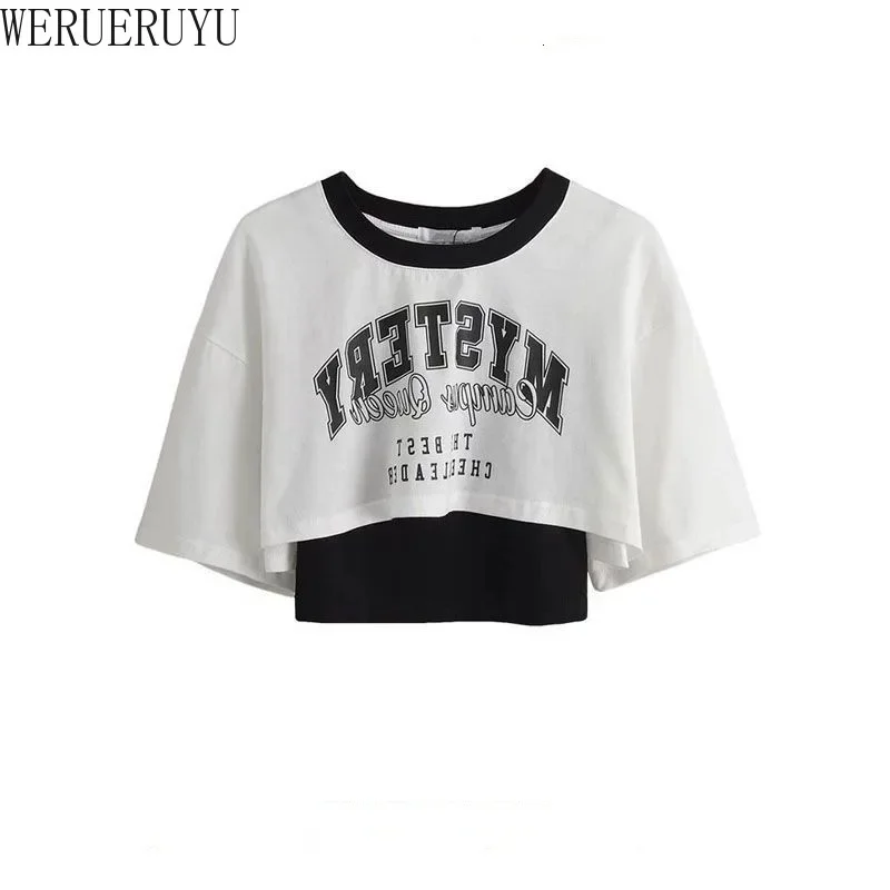 Vintage Print Graphic T-shirt Women Crop Top Short Sleeve Y2k Clothes Summer Loose Sexy Short Two-piece T-shirt Set Womens 2025 image 5