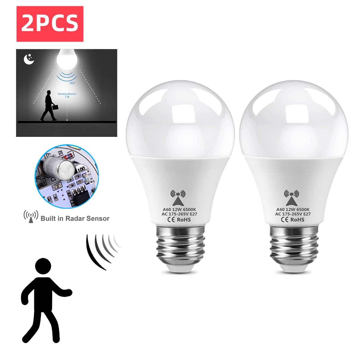 2 stücke Radar Motion Sensor Birne 220 V 110 V E27 Radar Erkennung LED Lampe 12 W Nachtlicht für Terrasse Treppen Flur Garage Tür