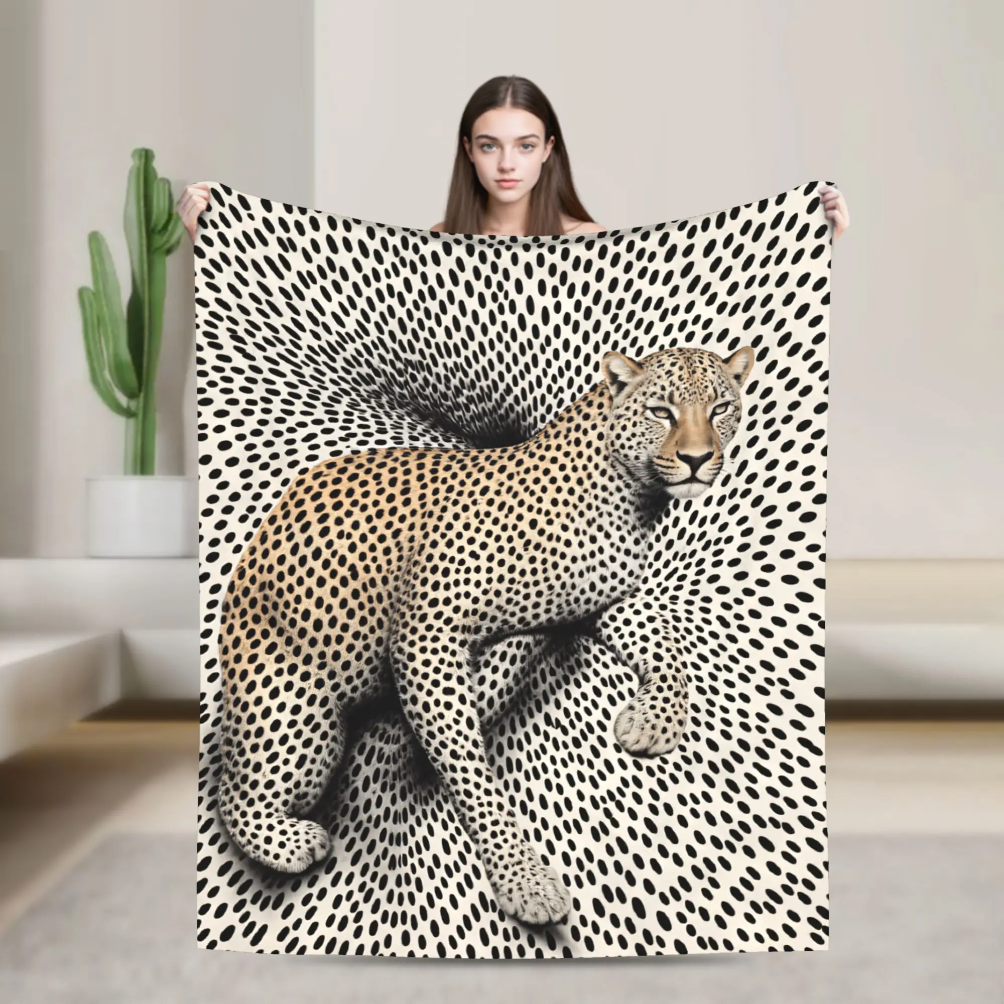 Leopard On Black Dots Optical Illusion Background Flannel Blanket Boy Girl  Warm Cozy Throw Blanket Winter Bedspread Bed Cover