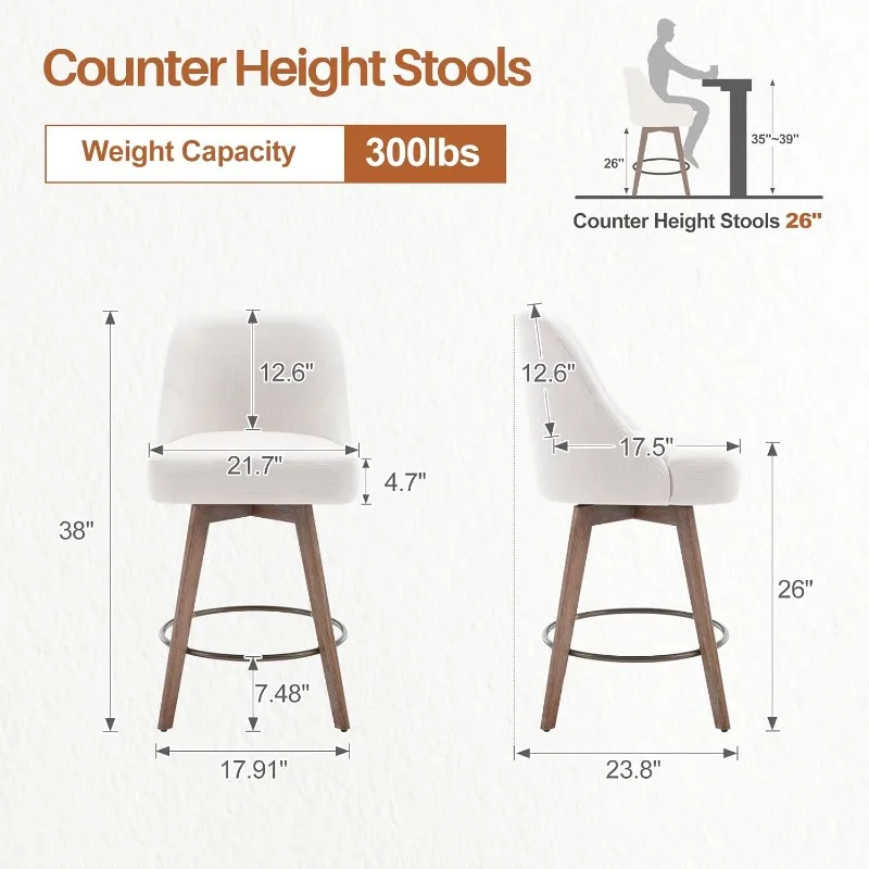 Counter Height Bar Stools Set of 2 with Backrest and Wooden Legs, Upholstered Linen Fabric, 26 Inch Seat Height Counter Stools