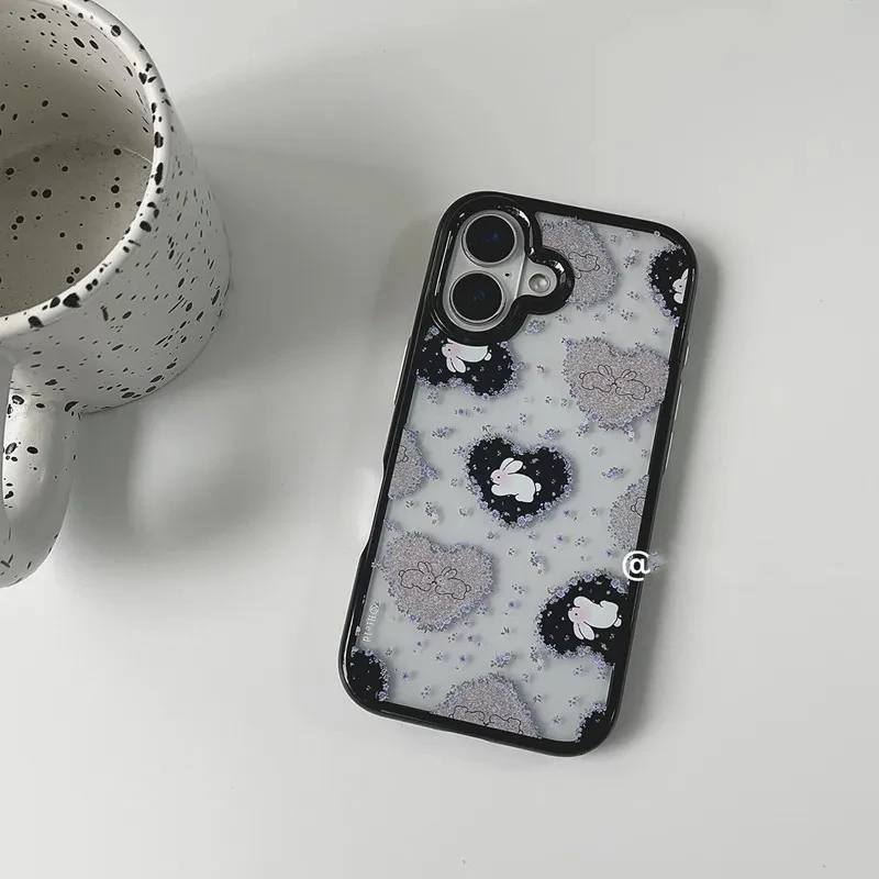 Funda de Teléfono Acrílica con Diseño de Conejo y Flores Púrpuras, Estilo Retro Coreano, para iPhone 17 Pro, 16, 15, 14, 13, 12, 11 Pro Max, 7, 8 Plus, Y2K
