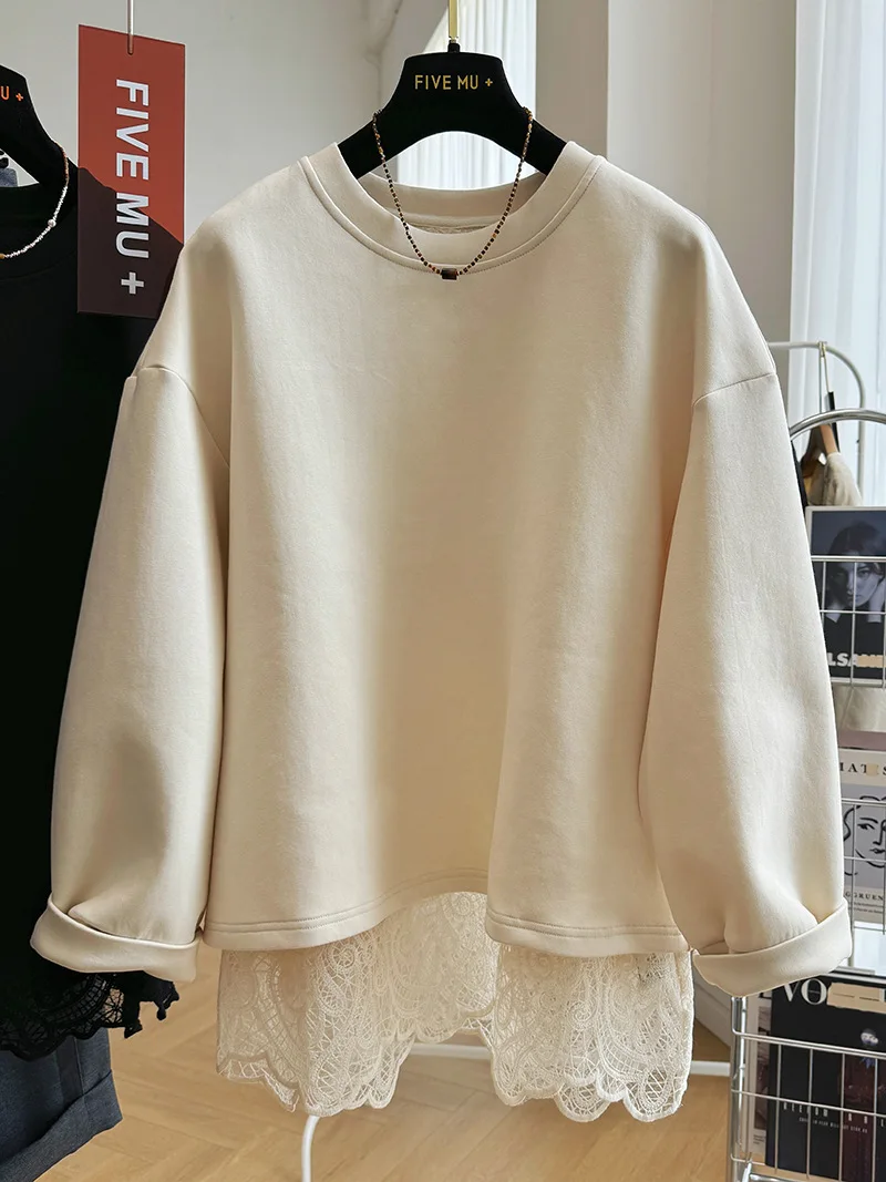 Immagine 7: 2025 Set da due pezzi con giunture in pizzo, maglione girocollo con testa, top primaverile e autunnale da donna
