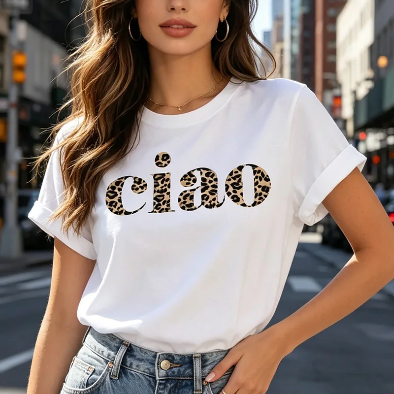 Camiseta con estampado de leopardo y latido del corazón de Letter Ciao, ropa de manga corta para mujer, ropa gráfica Harajuku, camiseta para mujer