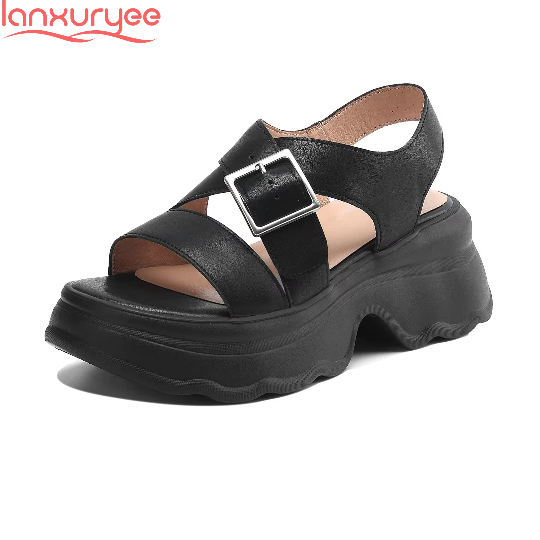 

Lanxuryee Cow Skin Peep Toe High Heels Thick Bottom Summer Shoe Slingback Casual Dating Platform Office Lady Party Women Sandals