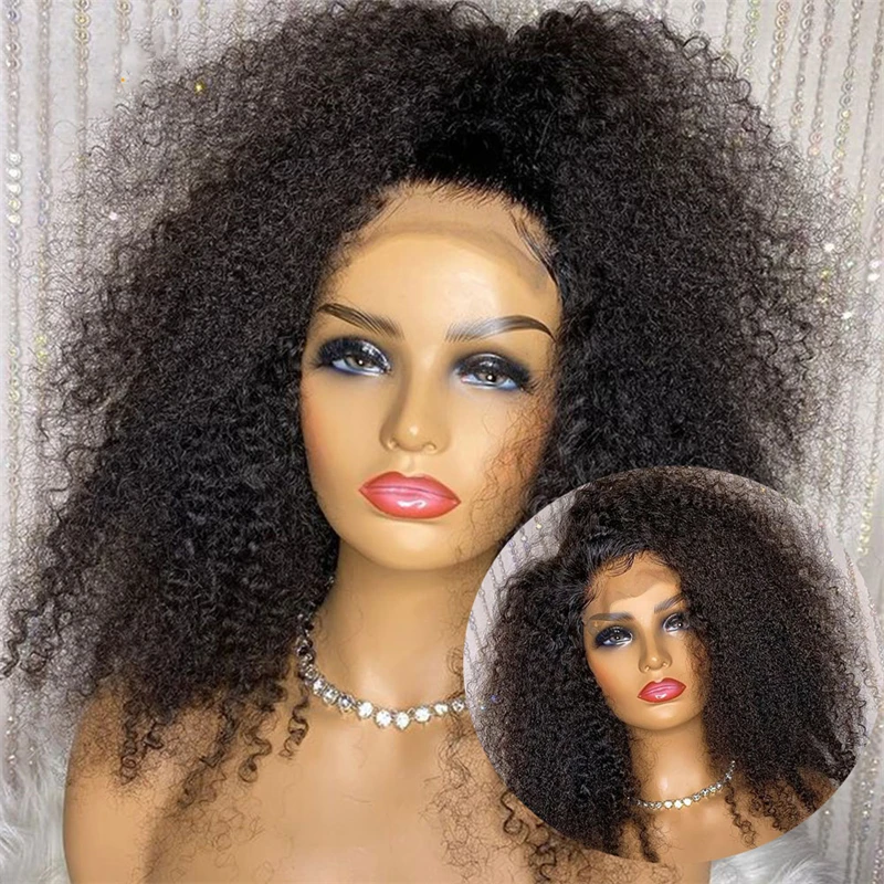 Perruque Lace Front Wig bouclée crépue longue noire naturelle, 26 pouces, densité 180, pre-plucked, avec baby hair, sans colle, à la mode, pour femmes