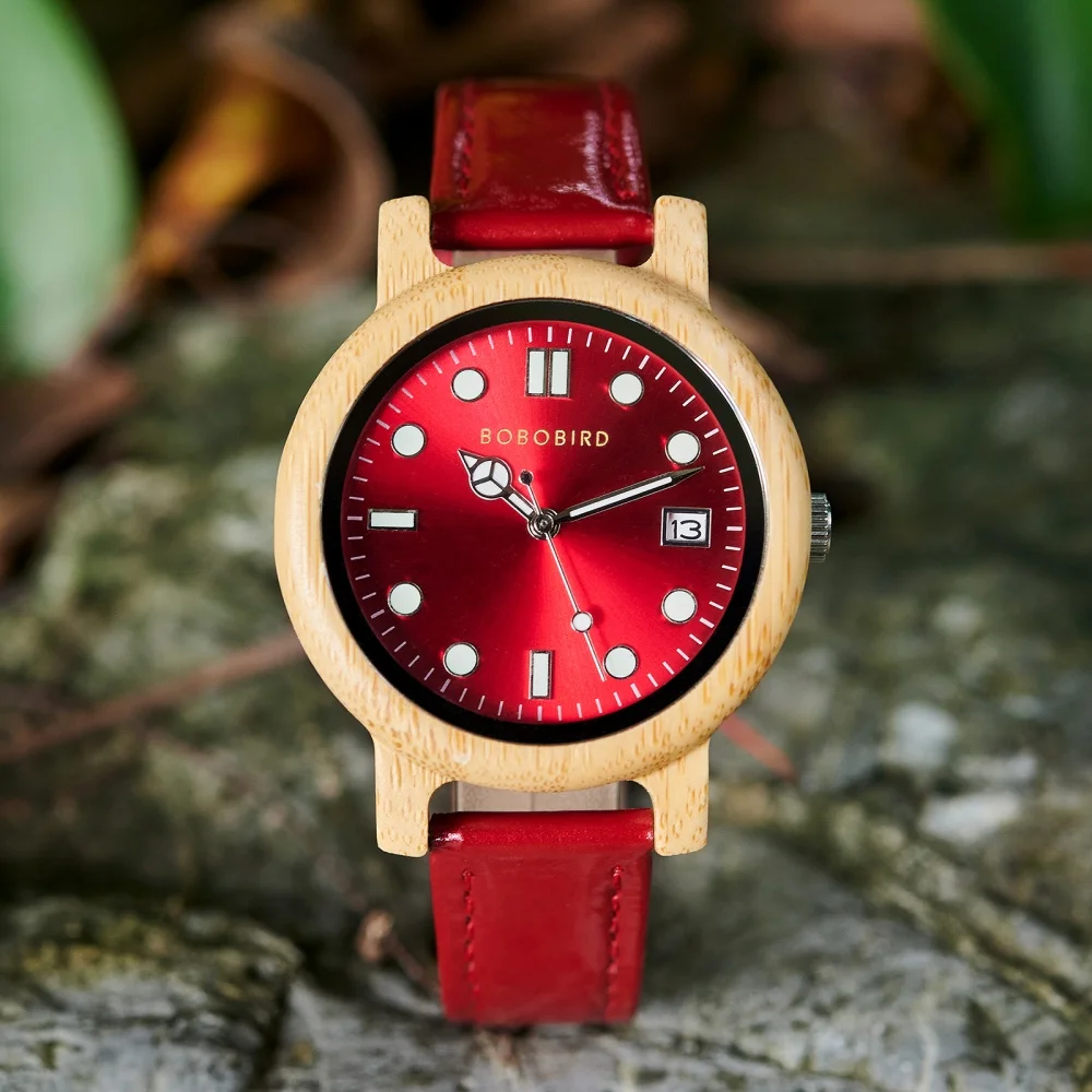 BOBO BIRD montre pour femme mode montre-bracelet en bambou mouvement japonais, bracelet en cuir PU montres décontractées pour dames