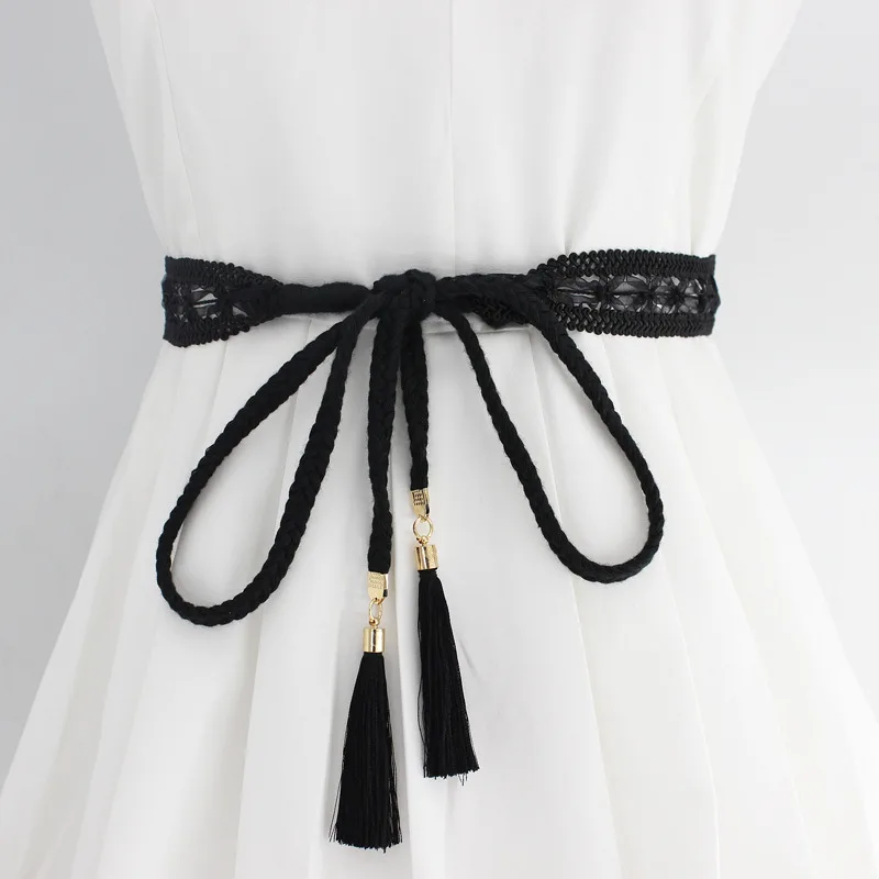 2024 Women's Knotted Waist Rope - Korean Braided Fringe Lace Belt for Dresses Bohemian Decorative Cord with Tassels