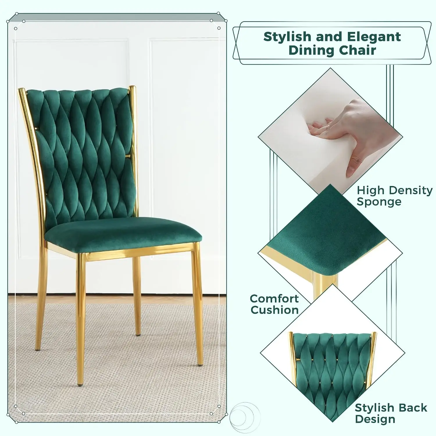 Green Velvet Dining Chairs Set of 8 Woven High Back Kitchen Restaurant, Customized