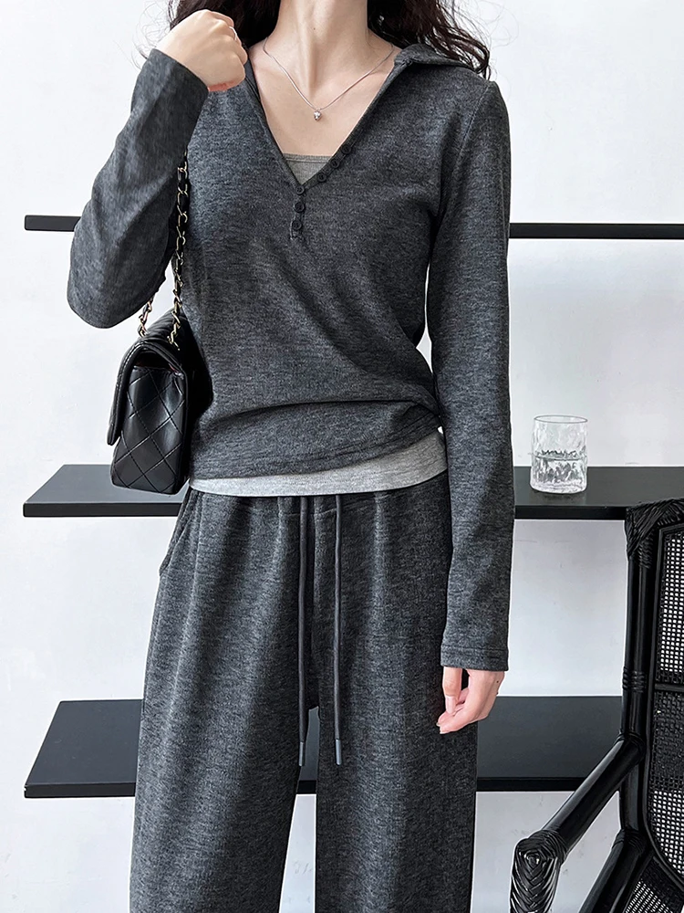 [EAM] Gray Soft Casual T-shirt Wide Leg Pants Three  Piece Suit New Hooded Long Sleeve Women Fashion Spring Autumn 2024 1DH6649