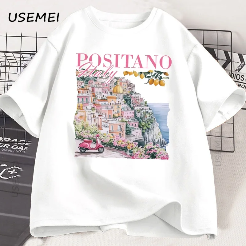 Positano Italy T-Shirt Vintage Italian T Shirt Oversized Cute Women's Graphic Tee Retro Short Sleeve Italy Vacation Tee Unisex