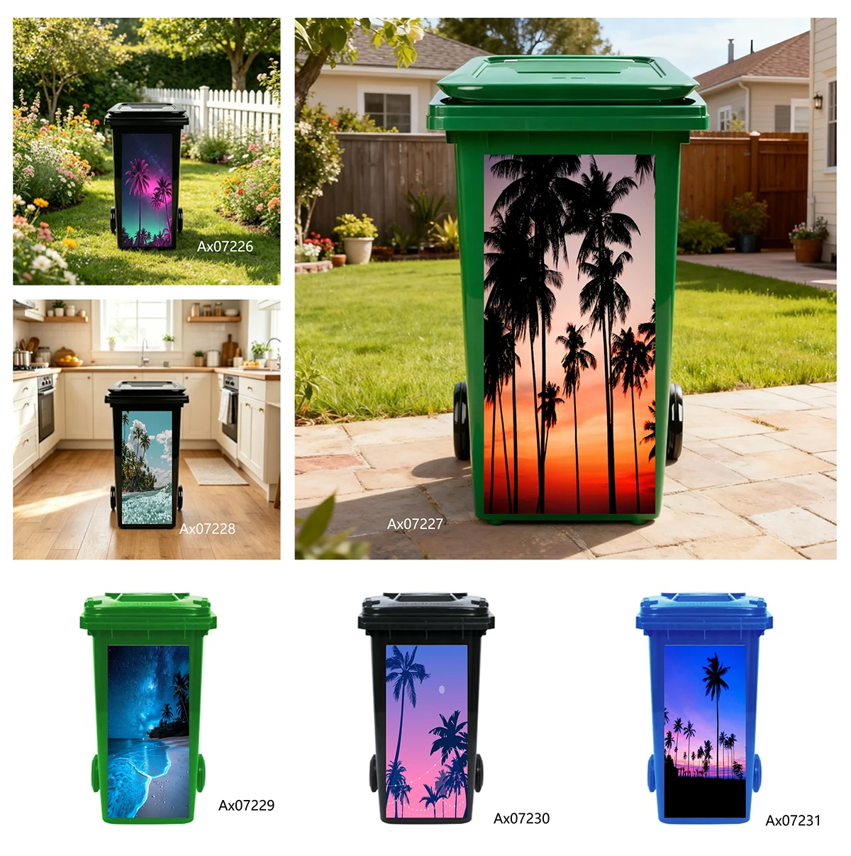 Waterproof Removable Tropical Beach Palm Tree Galaxy Night Sunset Wheelie Bin Sticker For Outdoor Garden Trash Bin Decoration