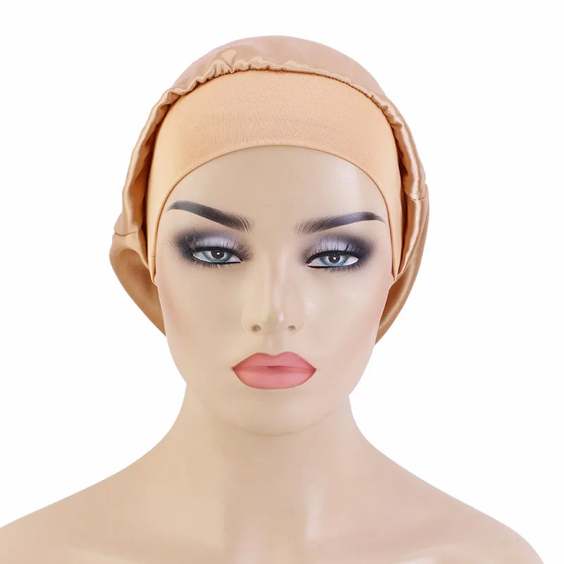 New Fshion Women Satin Night Sleep Cap Hair Bonnet Hat Silk Head Cover Wide Elastic Band Chemo Cancer Hat Solid Color Wrap Head