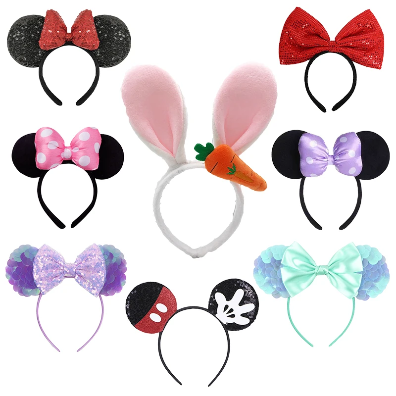 Mickey Mouse Ears Minnie Hairband Headband For Girls Kids Sequin Dot Bows Cute Princess Toy Birthday Party Cosplay Accessories