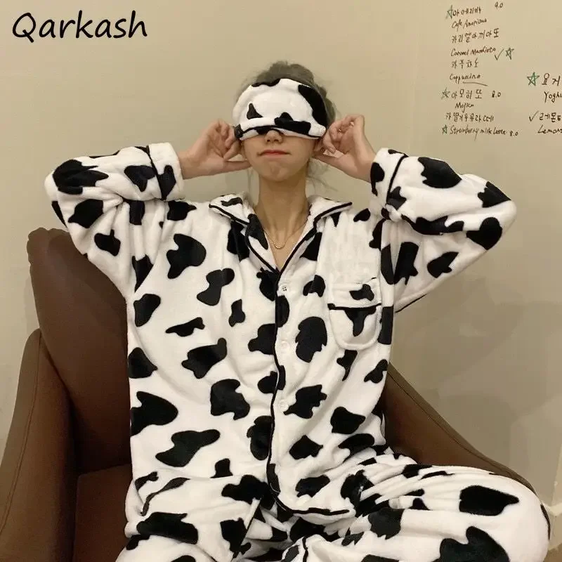 

Pajama Sets Women Cow Lovely Warm Girls Turn Down Collar Leisure Classic Homewear Tender Newest Harajuku All-match Design Trendy