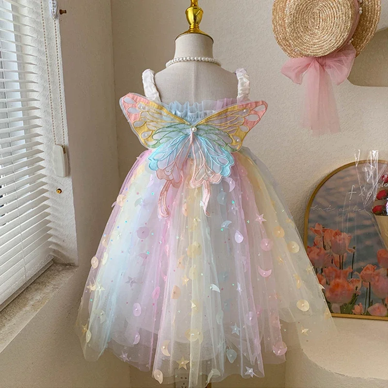 2024 Summer Baby Girl Back Princess Dress Butterfly Wings Dress  Rainbow Dresses for Girls Birthday Party Cute Gown Kids Clothes