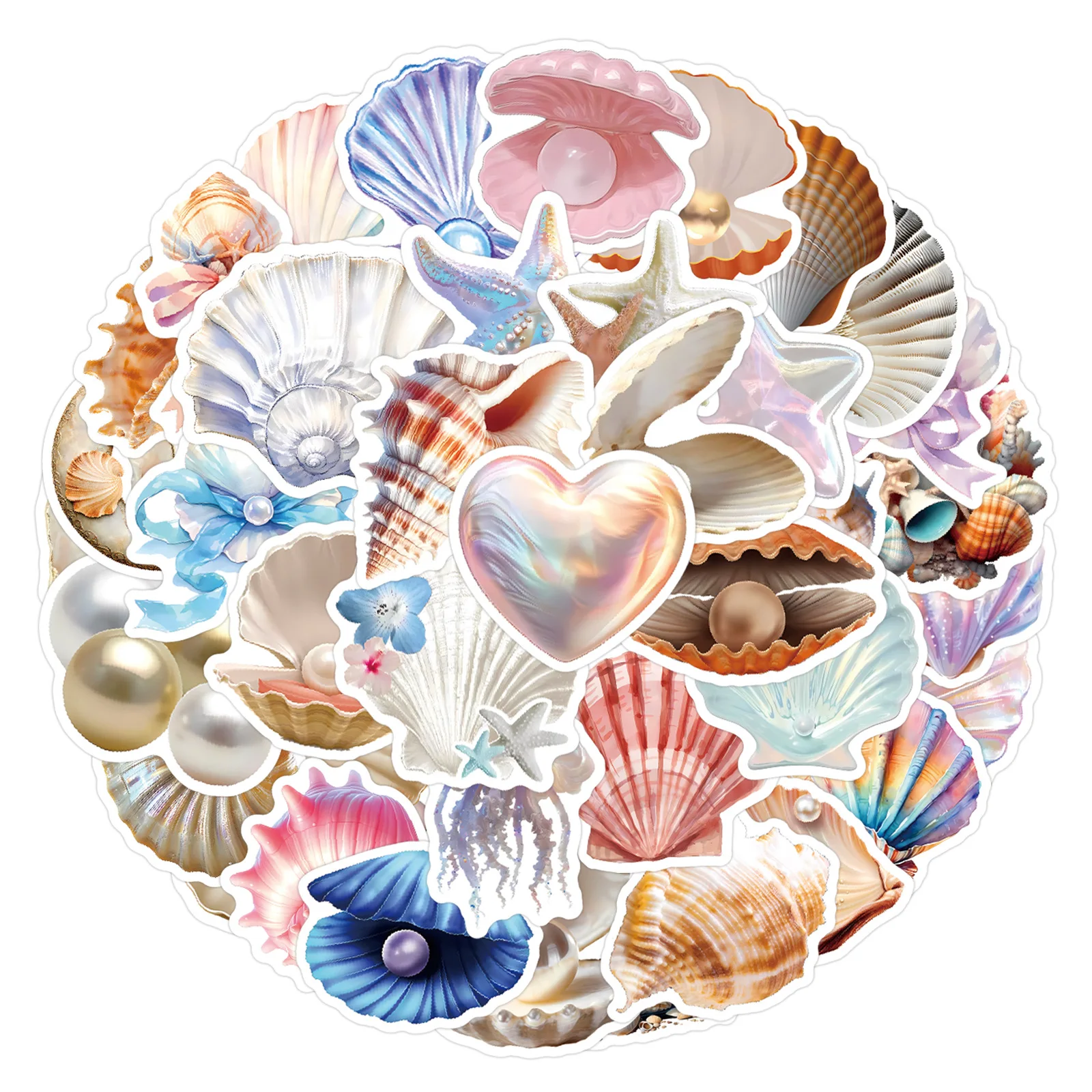 60PCS Beautiful Shells Decoration Stickers Shiny Pearl Starfish Cartoon Decals Suitcase Fridge Laptop Guitar Car Bike Kids Toys
