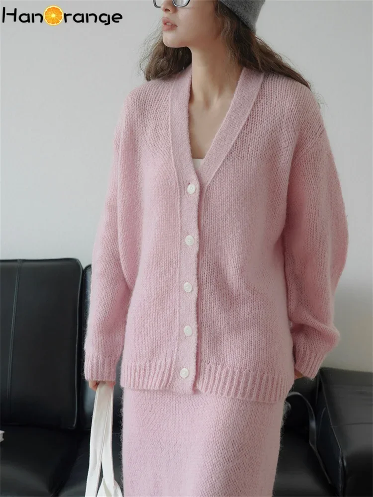 HanOrange 2024 Autumn Lazy Sweater Cardigan Women Loose Lightweight Single Breasted Knitted Top Off White/Pink