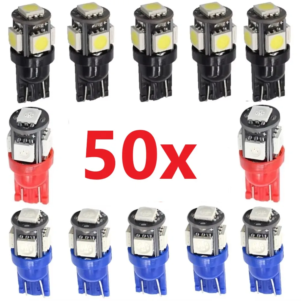 

50PCS T10 W5W LED Bulbs For Car Interior Dome Maps Reading Door Trunk Lights 12V 5050-5SMD DC12V
