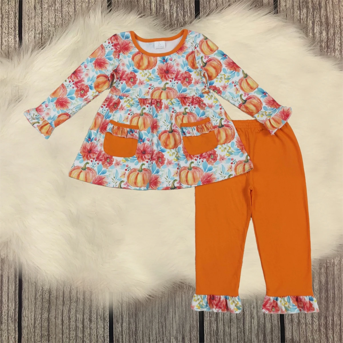 

Toddler Thanksgiving Set Baby Girl Flower Pumpkins Long Sleeves Pocket Tunic Outfit Orange Pants Children Kids Clothes Wholesale