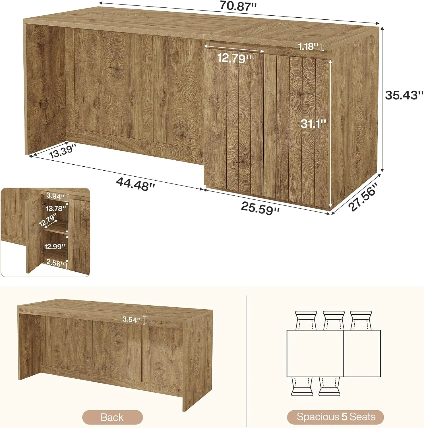 71 Inch Bar Table with Double Door Storage Cabinet, 35.4