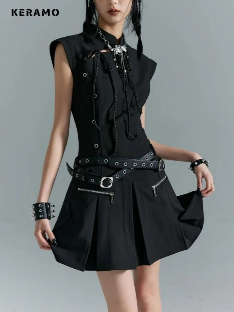 

High Street Casual Sleeveless Lace-up Chain Solid Color Long Dresses 2025 Summer Women Black Slim Fit High Waist Camisole Dress