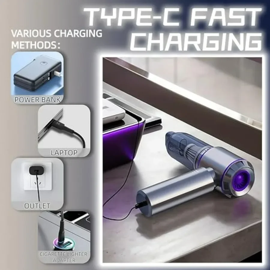 مكنسة كهربائية محمولة للسيارة بقوة 21000 باسكال قابلة لإعادة الشحن، مكنسة كهربائية صغيرة لاسلكية عالية الطاقة ومنفاخ 4 في 1 مع مكنسة تروس مع 3 تروس مع