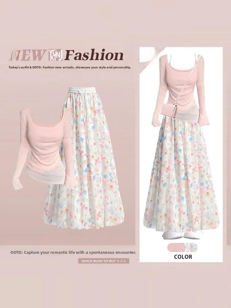 

Летний комплект из двух предметов: женская футболка с длинным рукавом и тонкая юбка с цветочным принтом. Омолаживающий, нежный и модный повседневный образ.