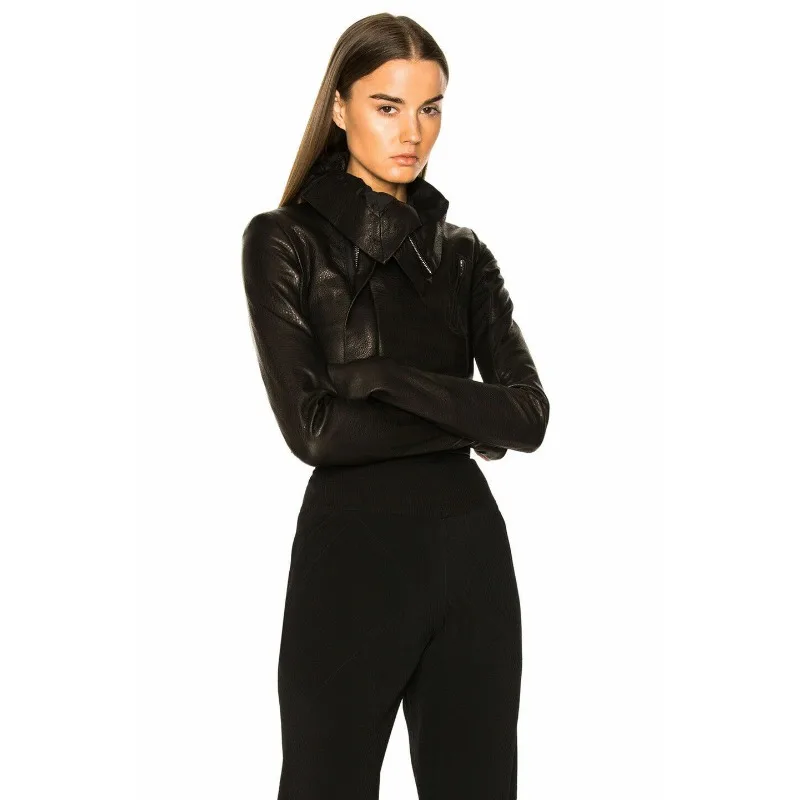 Chaqueta de piel de cordero auténtica para mujer, abrigo corto de motorista, elegante, negro, SEXY