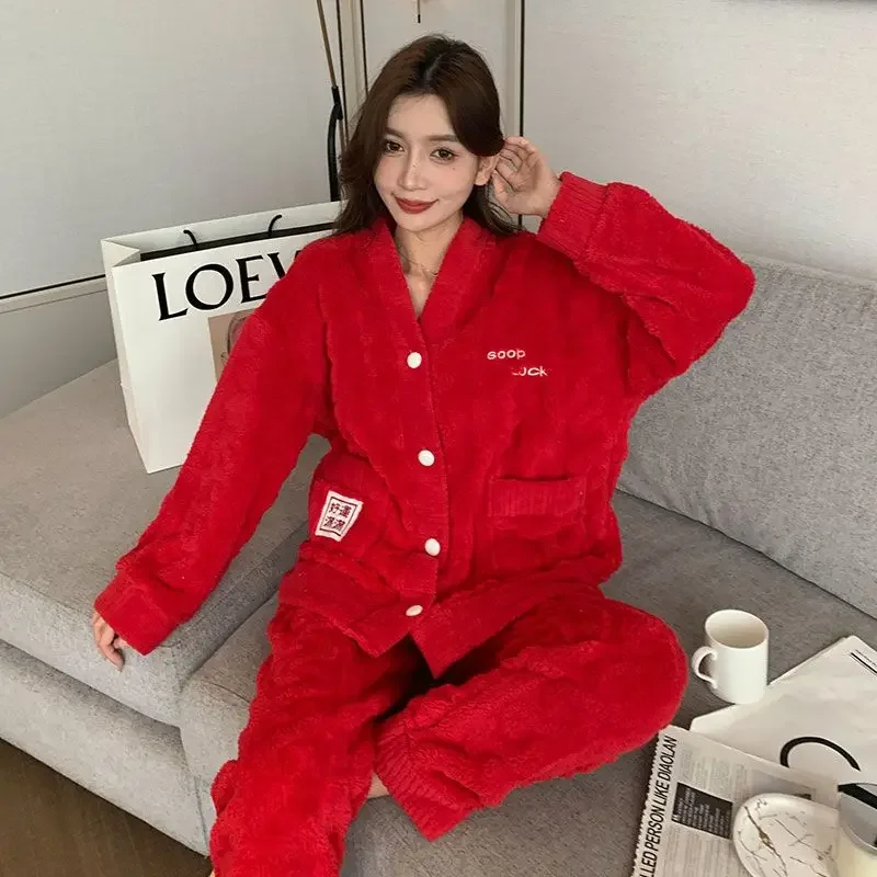 Famale Coral Velvet Pajamas Women Plus Velvet Sleepwear Suit Thickening Homewear Sets 2024 New Winter Loungewear Ladies Pijamas