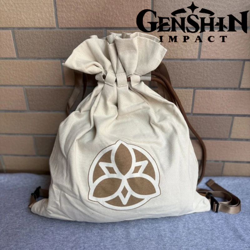 

Game Genshin Impact FES Mora Cosplay Bag Canvas Backpack Shoulders Bag Drawstring Bag Casual Outdoor Knapsack Accessories Props
