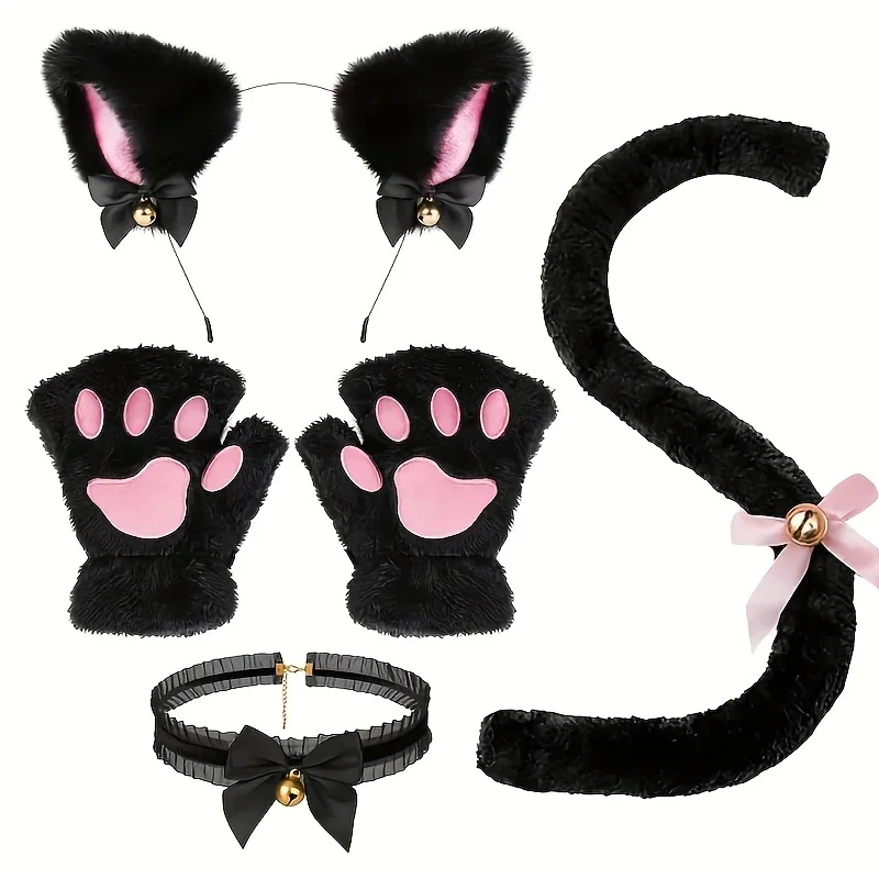 Halloween dress cat cosplay props Cat's ears (Steamed cat-ear shaped bread) hair hoop cat paw gloves cat tail accessories set