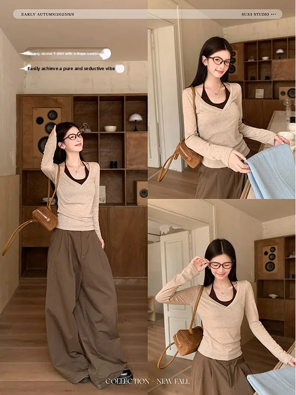 American Style Hot Girl V-Neck Long Sleeve T-Shirt Women's Autumn  Slim Fit Inner Wear Base Shirt Pure Desire Wind Hangi...