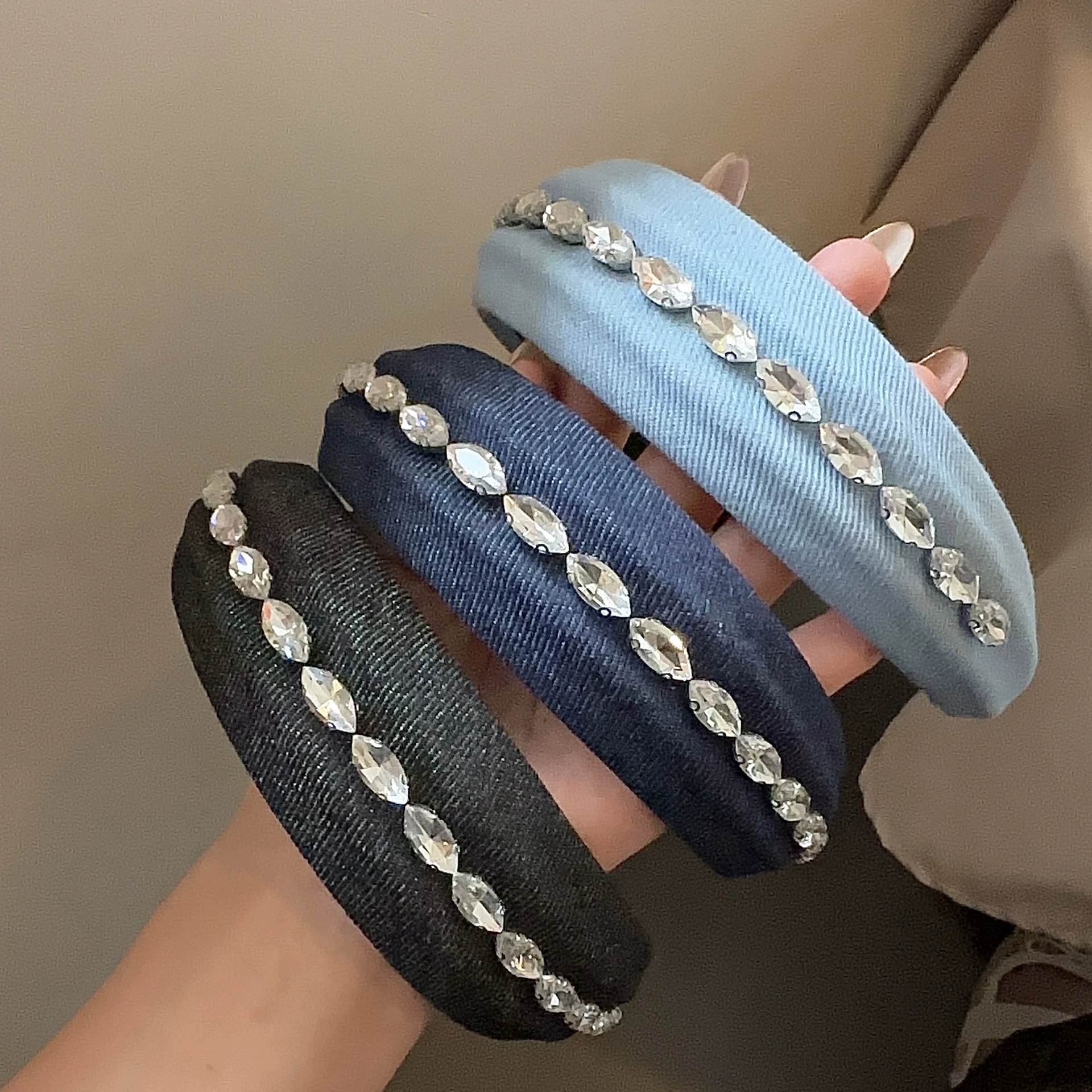 

Denim Cloth Headband for Women Girls Shopping Face Wash Hair Hoop Simple Denim Headpiece Rhinestone Chain Hairband Wholesale