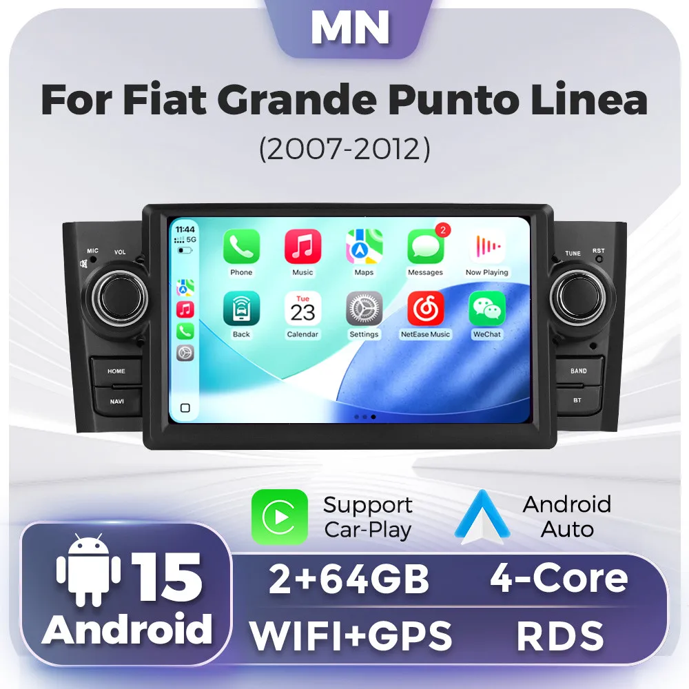 2026 New Android 15 Carplay 1Din Autoradio for Fiat Grande Punto Linea 2007-2012 Car Radio with GPS Navi Multimedia Stereo Audio